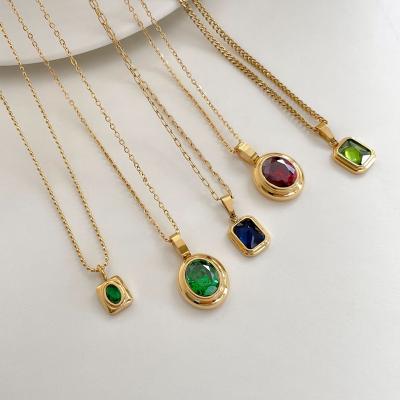 China Lead Free Aretas Stainless Steel Jewelry 18k Gold Plated Fine Stone Green Crystal Necklace Emerald Ruby Gemstone Pendant Necklaces Jewelry for sale