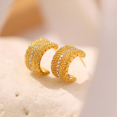 China Aretas 2022 Women Fashion Lead Free Nickel Free Earrings Chunky Jewelry Natural Diamond Earring Gold Plated Bling Pave Zircon C Shaped Circle Earrings for sale