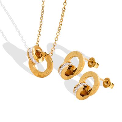 China CLASSIC Aretas Dubai Women Zirconia Jewelry Set 18k Steel Roman Number Double Ring Zircon Gold Plated Diamond Necklace Earrings Set for sale