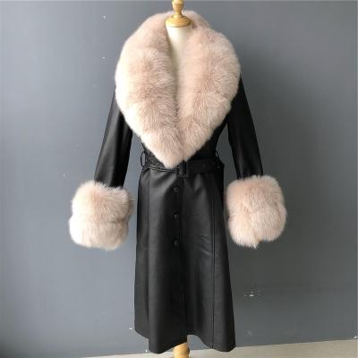 China Hot Sale Fashion QUICK DRY Ditch With Belt Detachable Fur Collar Long Genuine Leather Women Coat for sale