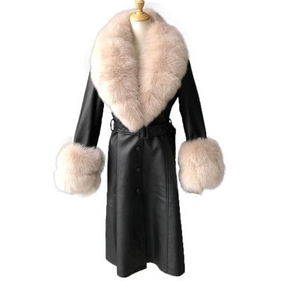 China Fashion Breathable Hot Sale Women Genuine Leather Jacket With Belt Design Real Fox Fur Collar Long Style Genuine Leather Ditch Coat for sale