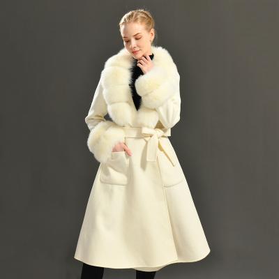 China Soft Elegant Casual Winter Autumn Long Fox Fur Collar Handmade Double Face Cashmere Anti-wrinkle cuffs Custom Women Woolen Coats for sale