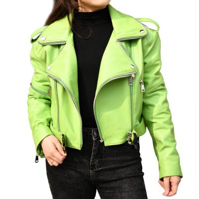 China Wholesale Genuine Sheep Leather Jacket Ladies Breathable Motorcycle Ladies Cultivated Real Leather Jacket Women Bright Color Spring for sale