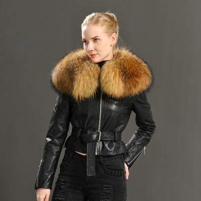 China Big Real Raccoon Fur Waterproof Short Removable Collar Custom Style Womens Real Leather Jacket for sale