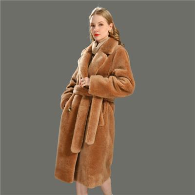 China Fashion Streetwear Plush Belt Woman Winter Wool Lamb Hair Coat Anti-wrinkle New Long Sleeve Warm Shearling Coat for sale