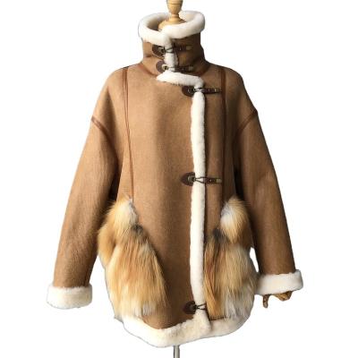 China Wholesale Design Fluffy Casual Warm Woman Anti-wrinkle Real Fur Pocket Fox Sheep Fur Suede Coat Jacket for sale