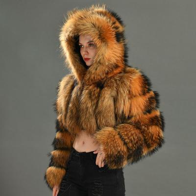 China Hooded Anti-wrinkle Short Style Outwear Real Winter Thick Warm Natural Raccoon Fur Coat Wholesale for sale