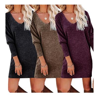 China Hot Sale Breathable Women Ladies Sheath Long Knitted Sweater Dress Pullover Skirt Solid Long Sleeve V-Neck Casual Shirt Dress for sale