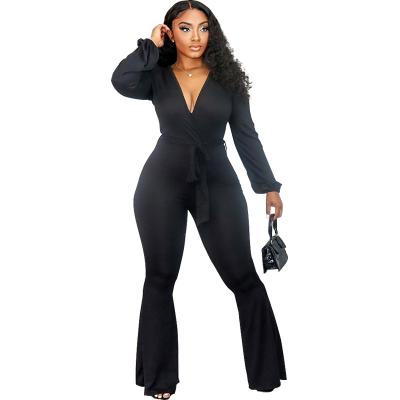 China Plus-Size Commuter Rompers Custom Made QUICK DRY Long Sleeve V-Neck Lace Patchwork Rocket Overalls Solid Color Women's Clothing One-Piece Suit for sale