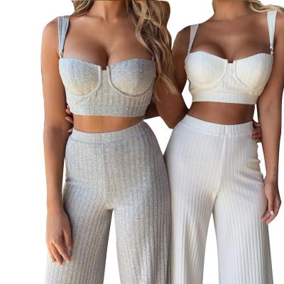 China New Style QUICK DRY Fashion Ribbed High Waist Autumn Knitted Slim Tank Top Wide Leg Pants Casual 2 Piece Crop Top Set for sale