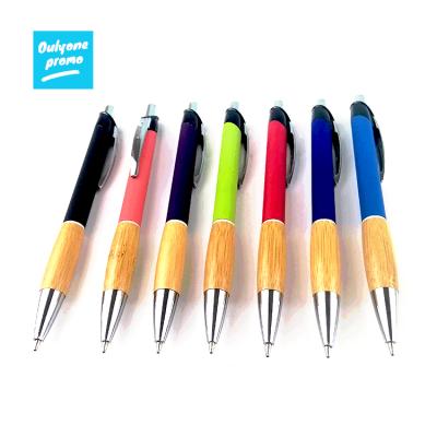 China New school ball pen promotions customized logo printed finish and eco bamboo handle rubber aluminum ballpens for sale