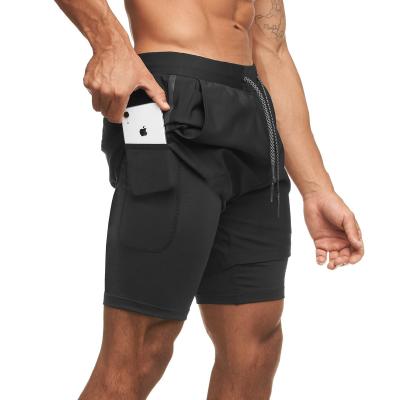 China new design 2in1 Anti-wrinkle mens shorts running shorts polyester tight quick dry compression mens shorts with hidden pocket for sale