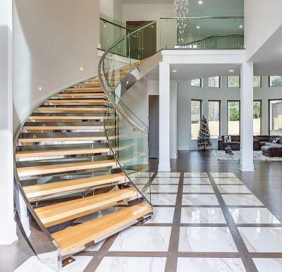 China Space Saving Modern Curved Stainless Steel Railing Design Arc Solid Wood Glass Stairs for sale