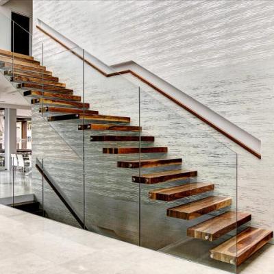 China Modern Cantilever Floating Stairs With Oak Wood Solid Wood Stairs Treads Open Riser for sale