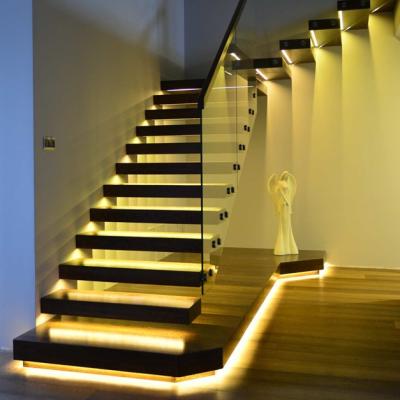 China Automatic Modern LED Light System For Staircase Staircases Q235 12mm Carbon Steel Indoor Straight Floating Straight Modern Tempered Glass for sale