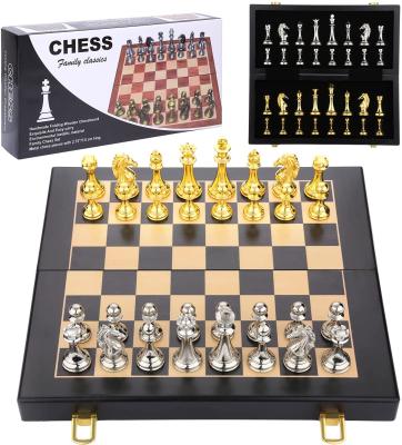 China 2022 Luxury Custom Professional Metal Gold Plating Chess Pieces Modern Shiny Wooden Board Games Sets for sale