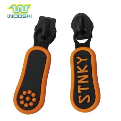 China Soft Nickel Free PVC Rubber Pull Engrave Hot Customer Design Colorful Metal Slider For Waterproof Zipper Water Resistant Clothes for sale