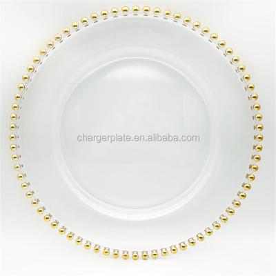 China Sustainable Wholesale Cheap Wedding Rose Gold Clear Glass Beaded 13inch Charger Plates for sale