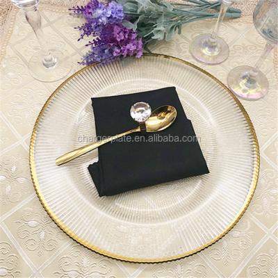 China Unique Cheap Viable Glass 13inch Ray Design Gold Rim Clear Charger Dish Wedding Decoration Supplies for sale