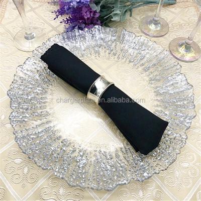 China Sustainable Silver Reef Flower Shaped Glass Charger Electroplate Tableware Wholesale Elegant Dinnerware for sale