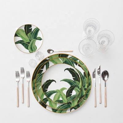 China Stocked Cheap Wholesale Hotel Party Green Leaf Design Dishes And Bowls Tableware Set for sale