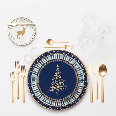 China 2020 Sustainable Christmas Deer Design Home Use Blue Porcelain Dinnerware Sets For Rental for sale