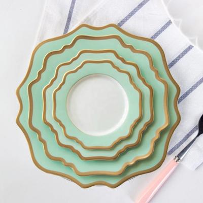 China Factory Luxury Elegant Luxury Events Party Ceramic Dish Set Mint Green With Gold Rim Porcelain Dinnerware Set for sale