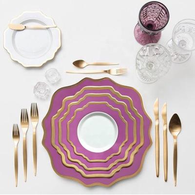 China Viable Wholesale Custom Made Porcelain 4pcs Dinner Plate Sets Rose Pink Gold Serving Wedding Charger Dish for sale