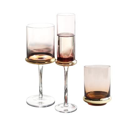 China 2020 Modern Popular Colorful Glassware Pink/Smoke/Clear/Purple Goblets/Stemless Shot Wine Glass Plating Gold Rim Wine Glasses for sale