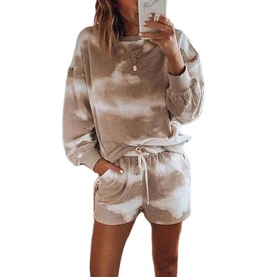 China 2021 Fashion QUICK DRY Women's Tie Dye Shorts Sets Ladies 2 Pieces Sets Long Sleeve Sports Crewneck Sweatshirt for sale