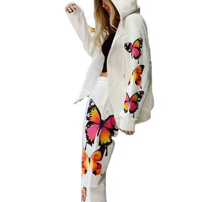 China 2021 new style QUICK DRY hot women's butterfly print casual hooded long sleeve pants suit girls sports wear sets for sale