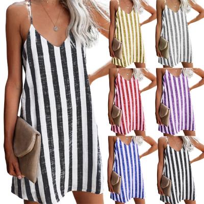 China 2021 Summer Fashion Pattern V-Neck Stripe Suspender Sexy Dress Women's Breathable Clothing for sale