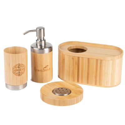 China Sustainable New Design 4 Piece Set Collection Stylish Bamboo Wood Bathroom Accessories Sets for sale