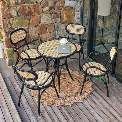 China (E2016+9913R) eco-friendly outdoor dining chair and 5 piece poly set wicker rattan table for sale