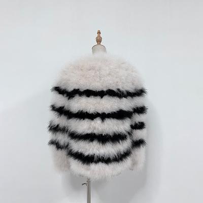 China Anti-wrinkle Women Fashion Design Comfortable O-neck Stripe Fur Coat Winter Warm Turkey Feather Coat for sale