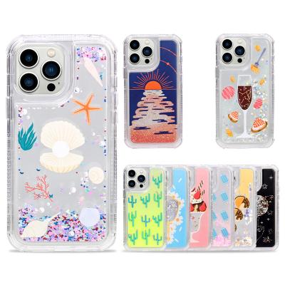 China Factory Wholesale Shockproof 3in1 Glitter Quicksand TPU PC Phone Case For Iphone 13 Iphone 14 for sale