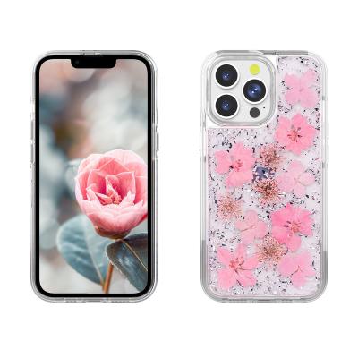 China Luxury Shockproof 2 in 1 Shockproof Phone Cover For mini 13 pro 13 pro Max Hand Made Real Flowers iPhone 13 phone case for sale