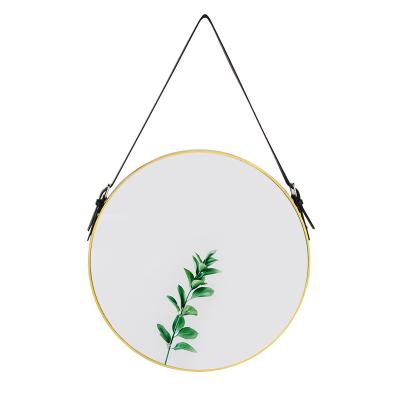 China Eco-friendly Nordic Style Hanging Metal Round Decorative Wrought Iron Design Wall Mirror With Leather Strap for sale