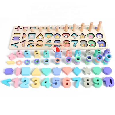 China Playing Wooden Number Puzzle Matching Montessori Toys For Toddlers Train Sorter Counting Fishing Game for sale