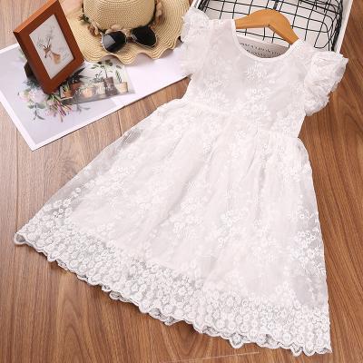 China Girl's Breathable Princess Dress New Bow Embroidery Net Yarn Flying Sleeve Flower Smocked Lace Up Party Mesh Casual Dress Children's Wear for sale