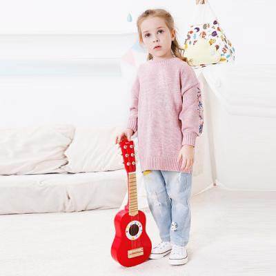 China Wooden Toy Ukulele Kid Multi-Functional Play Musical Instrument Induction Battery Operated Wooden Guitar Kids Learn Woody Guitar Toy for sale