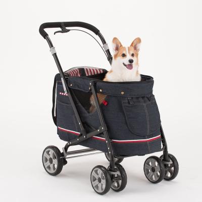 China Wholesale 4 Wheels Luxury Foldable Outdoor Dog Cart High Quality Viable Pet Walker Trolley Travel Animals Large Space Dog Cart for sale