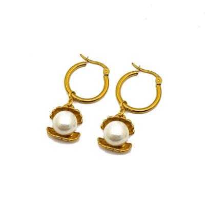 China Olivia Wholesale Lead Free Nickel Free 18k Gold Plated Delicate Seashell Pearl Drop Earring Stainless Steel Women Dangle Earrings Jewelry for sale