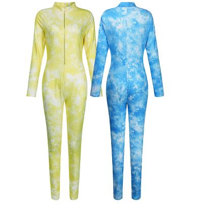 China QUICK DRY Slim Fit Bodycon V-Neck Zipper Tie Dye Long Sleeve Plus Size Women Overalls 2022 for sale