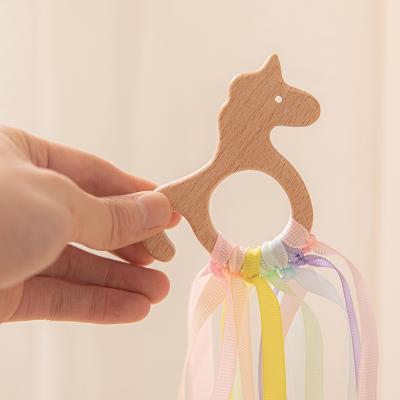 China Baby Wooden Teether Ribbon Animal Pendant Eco-Friendly Natural Bpa Free Teether Chew Toys for sale