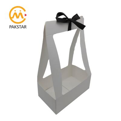 China Recyclable Elegant White Portable Folding Flower Wedding Carry Kraft Paper Basket Carrier Box With Handle for sale