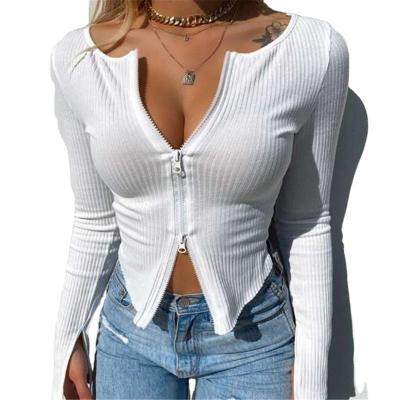 China Anti-Wrinkle FanLi Spring Autumn Clothes Ribbed Knitted Long Sleeve Crop Tops Zipper Design Tee Sexy Female Black White Tops for sale