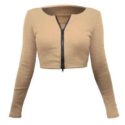 China FanLi Best Selling Female Fashion Trendy Anti-wrinkle Rib-knit Zipper Long Sleeve Crop Tops T-shirt Women's for sale