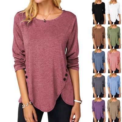 China 2022 European FanLi Anti-wrinkle Women And American New Irregular Edge Button Round Neck Long Sleeve T-shirt for sale