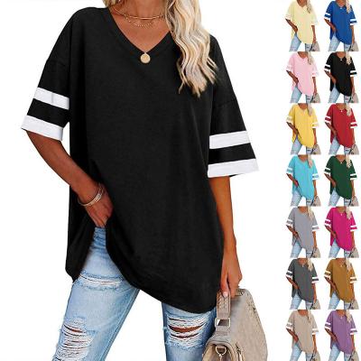 China Anti-wrinkle Fanli 2022 Summer Women's T-shirt Short Sleeve Loose Casual Loose Top T-shirt Color Matching V-Neck Top for sale